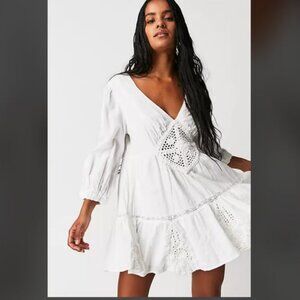 FREE PEOPLE Hudson Boho Mini Dress White Cotton Crochet Long Sleeve S